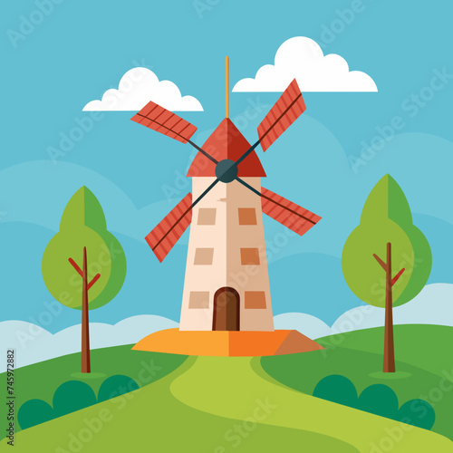 A lone windmill turning lazily in the breeze. vektor illustation