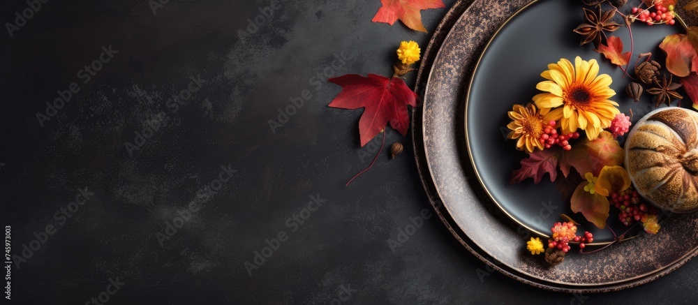 A plate is showcased on a graphite background with pumpkins and flowers, creating a charming autumn setting. Cutlery is neatly arranged on the plate, adding to the seasonal decor.