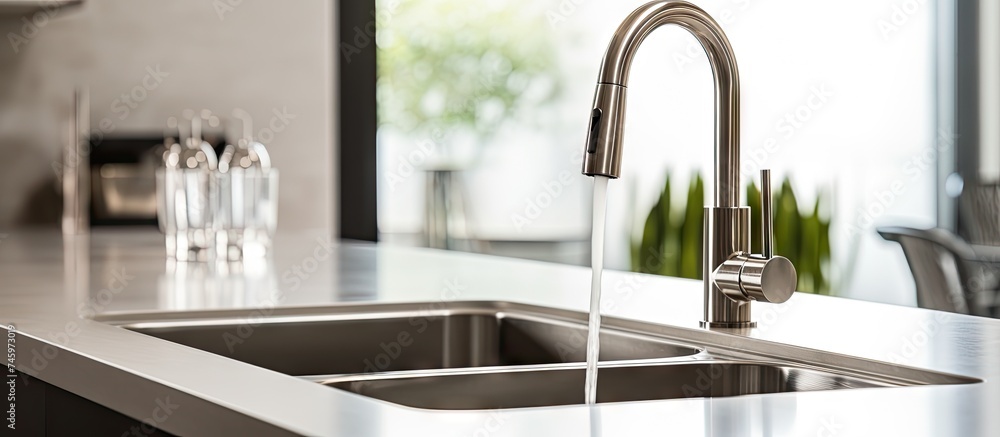 A modern kitchen sink is shown with a sleek faucet running water into ...