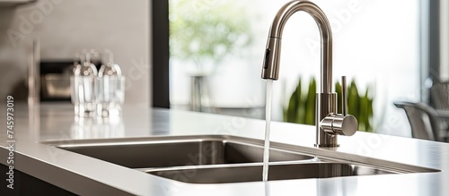 A modern kitchen sink is shown with a sleek faucet running water into the basin. The stainless steel sink is clean and contemporary  with water flowing from the faucet.