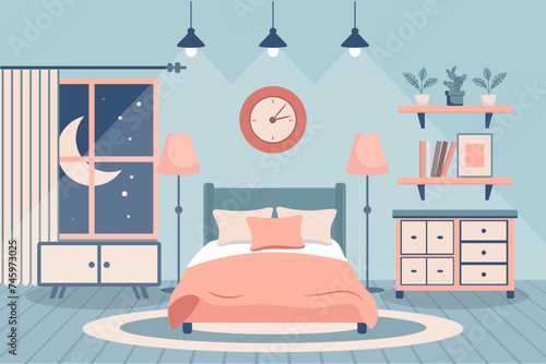 Cozy bedroom. Bedroom interior: bed with pillows, carpet, bedside tables, wardrobe, window. Interior concept. Flat illustration. Vector