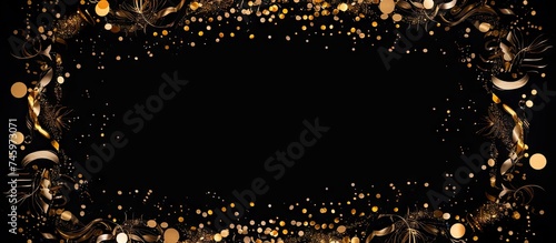 A striking black background is adorned with a shower of opulent gold confetti, perfect for a glamorous New Years party frame. The shimmering streamers add a touch of elegance to the festive occasion.