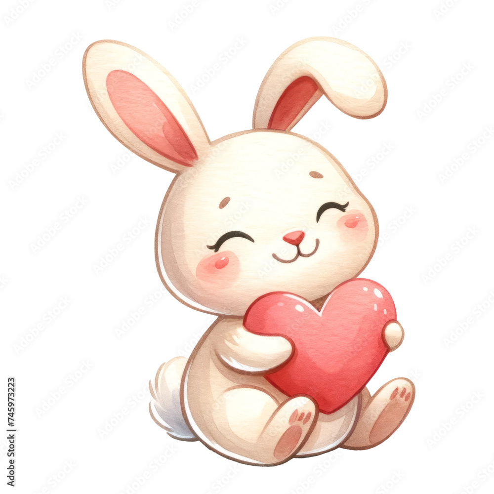 Watercolor cute bunny holding a heart. Romantic animal. Valentine's element clipart. Watercolor cute bunny holding a heart. Romantic animal. Valentine's element clipart.