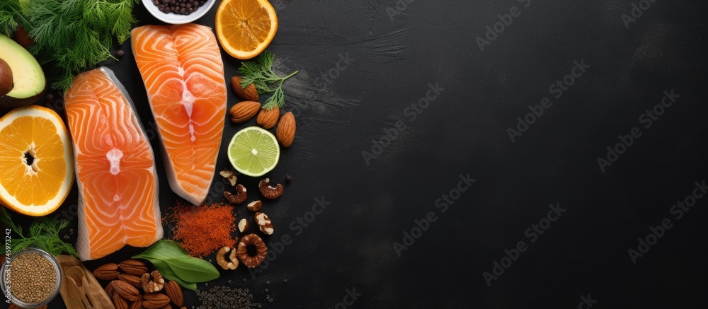 A top view of fish, nuts, avocado, oranges, and pineapples arranged on a dark background, showcasing various sources of omega-3 fatty acids. - obrazy, fototapety, plakaty 