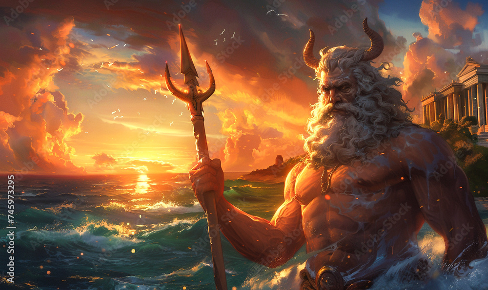 A high-quality portrait of Poseidon, god of the sea, at the coast during sunset, his presence invoking the awe and majesty of ancient myths - obrazy, fototapety, plakaty 