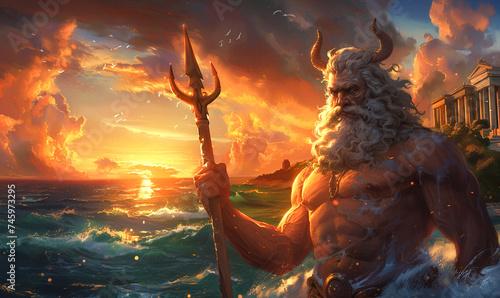 A high-quality portrait of Poseidon, god of the sea, at the coast during sunset, his presence invoking the awe and majesty of ancient myths