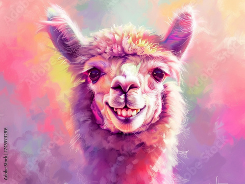 A close-up portrait of a cheerful alpaca, featuring a warm smile, set against a dreamy pastel backdrop, exuding tranquility and happiness © SOLO PLAYER