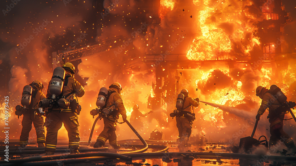 A team of firefighters in action, battling a massive blaze with precision and teamwork, fully geared in protective equipment A team of firefighters in action, battling a massive blaze with precision and teamwork, fully geared in protective equipment