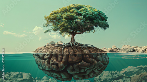 A thought provoking image of a tree with roots in the shape of a human brain denoting the growth of knowledge and the depth of human thought