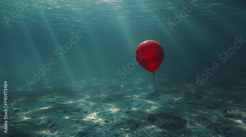 A mysterious image of a lone red balloon floating near the ocean floor casting a subtle glow on the surrounding underwater landscape