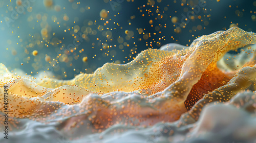 A microscopic perspective on the unique landscape of a fingertip dusted with pollen and fabric fibers illustrating the unseen interaction between human touch and the microscopic world