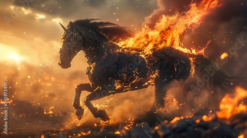 An awe-inspiring scene of an iron horse galloping through fire, its mane ablaze, captured in stunning high-quality detail © SOLO PLAYER