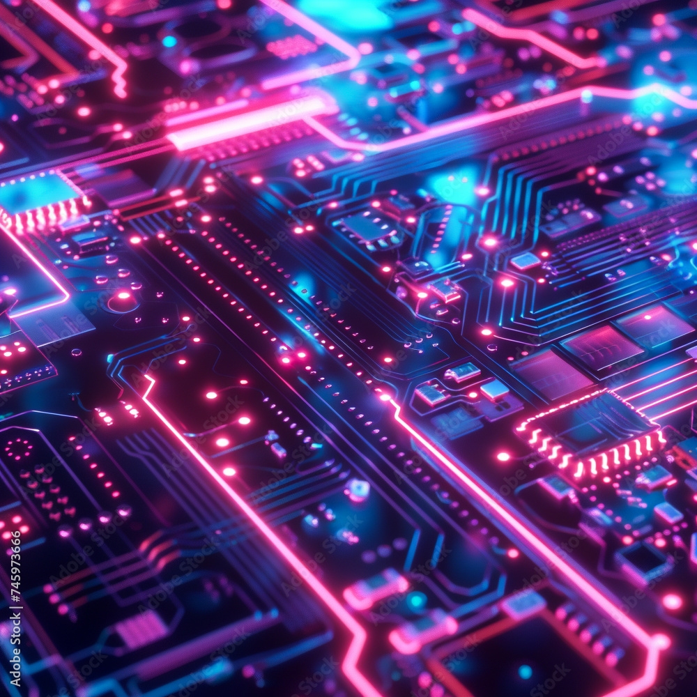 Obraz premium Connect the future with a neon-infused digital background, showcasing intricate circuits and high-tech patterns in stunning clarity