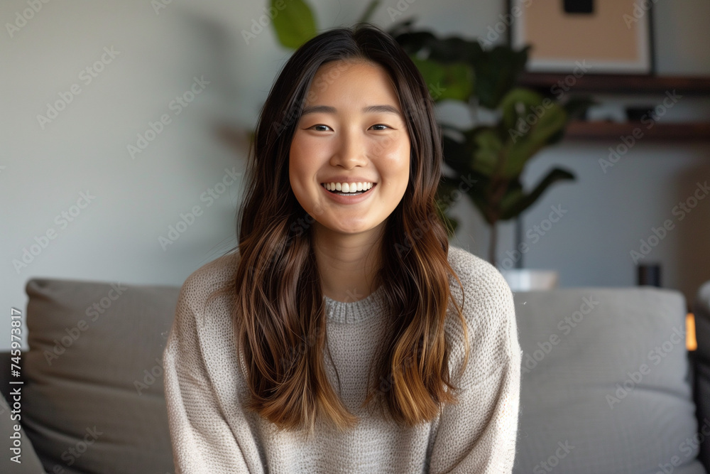 Young woman having a video call and smiling Young woman having a video call and smiling