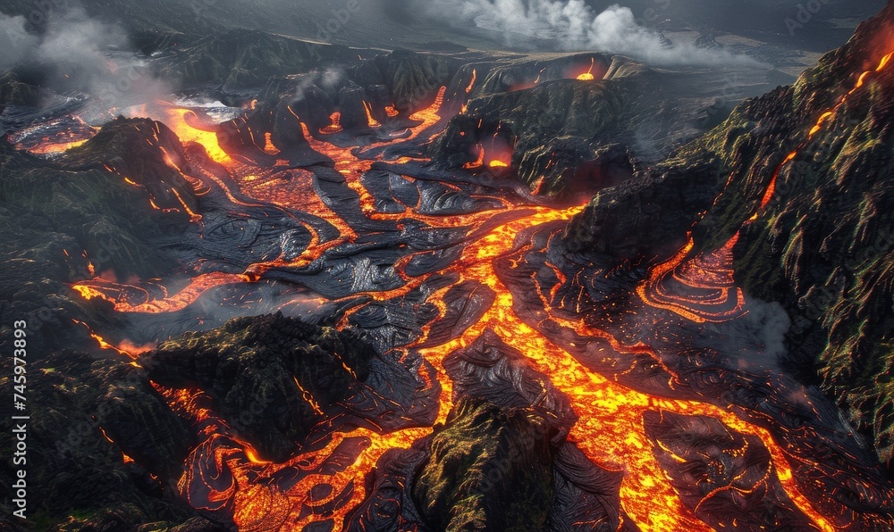 the catastrophic beauty of a lava disaster, its fiery rivers engulfing the terrain, nature fury