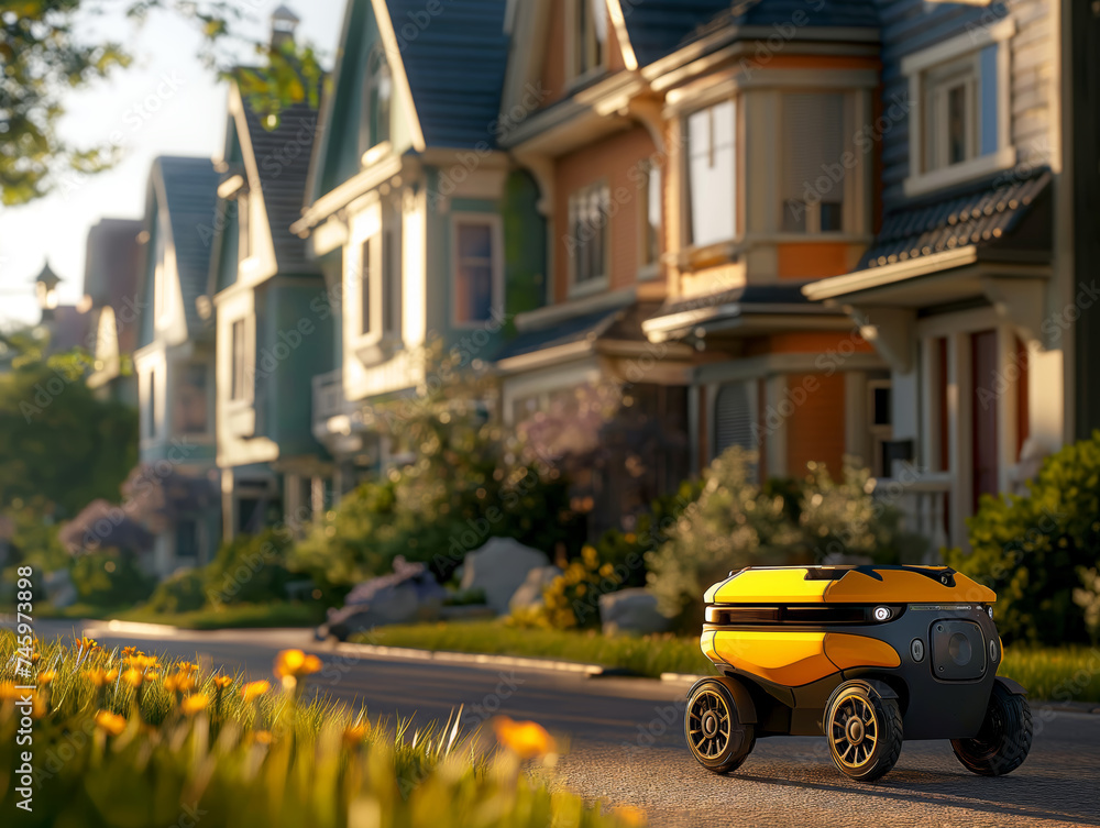 A delivery robot navigating through a residential area, delivering packages autonomously