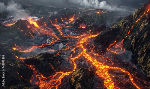 the catastrophic beauty of a lava disaster, its fiery rivers engulfing the terrain, nature fury