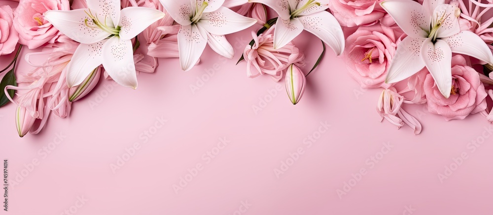 A collection of pink flowers, including roses and lilies, arranged on a pink background. The flowers create a floral border banner header with copy space. - obrazy, fototapety, plakaty 