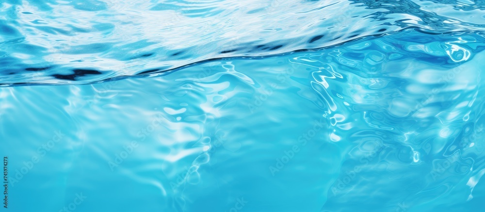 A detailed view of a transparent blue water surface with ripples, splashes, and bubbles creating an abstract summer banner background.