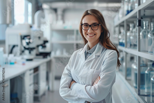 Portrait of a smiling female pharmacist standing in a drugstore