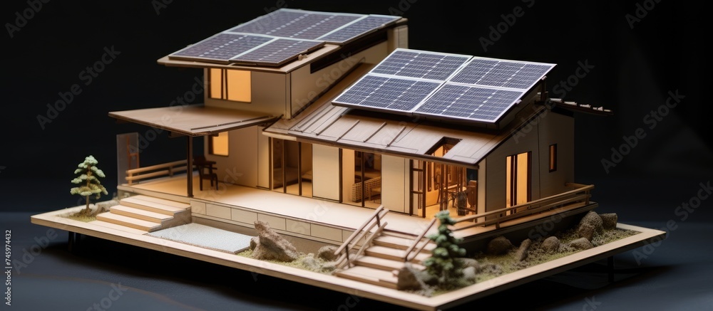 A scale model house is depicted with a solar panel installed on its roof. The panel is positioned to harness sunlight and convert it into energy for the house.