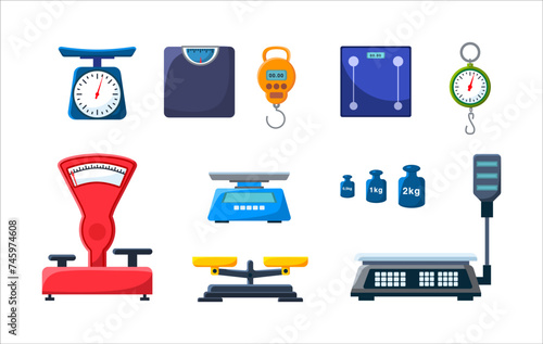 Store electronic and mechanical scales for weight measuring. Market or kitchen measuring instrument. Vector illustration