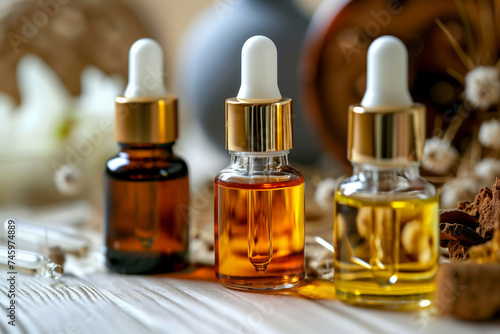 Essential serum Oil in cosmetic bottles with dropper