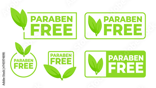 Set of vibrant green labels featuring Paraben Free with a leaf symbol, designed for health conscious skincare and beauty products.