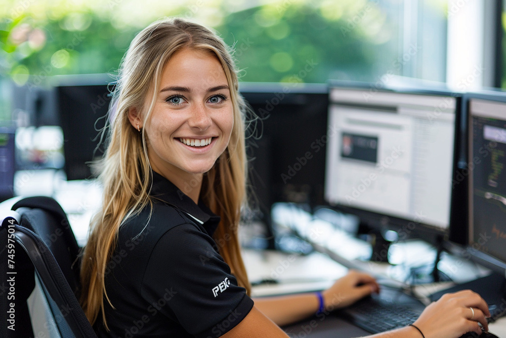 Portrait of young businesswoman working on computer at her desk in office Portrait of young businesswoman working on computer at her desk in office
