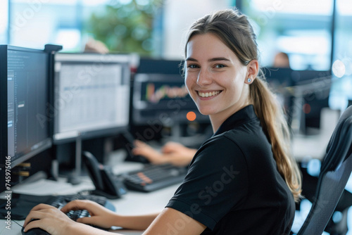 Portrait of young businesswoman working on computer at her desk in office