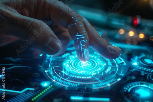 Finger touching virtual screen with glowing fintech hologram. 3D rendering