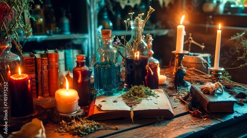 A moody still life with lit candles, old books, and glass bottles, suggestive of alchemy or herbalism.