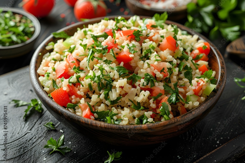 Top View of Tabbouleh on a Black Background: Authentic Lebanese Cuisine. Concept Food Photography, Authentic Cuisine, Lebanese Tabbouleh, Top View Shot, Black Background Top View of Tabbouleh on a Black Background: Authentic Lebanese Cuisine. Concept Food Photography, Authentic Cuisine, Lebanese Tabbouleh, Top View Shot, Black Background