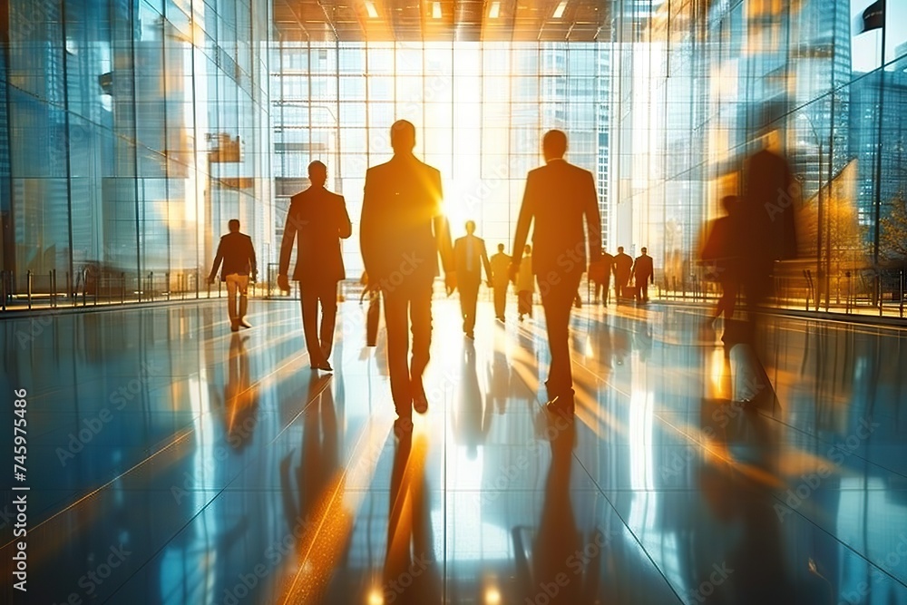 Morning Momentum: Urban Professionals Navigating Through a Sunlit Corridor in a Modern Building, Casting Dramatic Shadows Morning Momentum: Urban Professionals Navigating Through a Sunlit Corridor in a Modern Building, Casting Dramatic Shadows