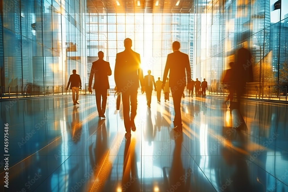 Morning Momentum: Urban Professionals Navigating Through a Sunlit Corridor in a Modern Building, Casting Dramatic Shadows