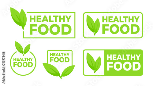 Set of green labels with Healthy Food text and a leaf icon, for marking nutritious and wholesome food options.