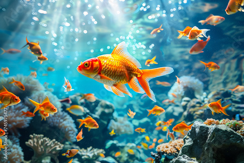 goldfish swimming. underwater world. marine life. fish and colorful coral reefs. beautiful under the sea wallpaper. AI generated © eclypse78