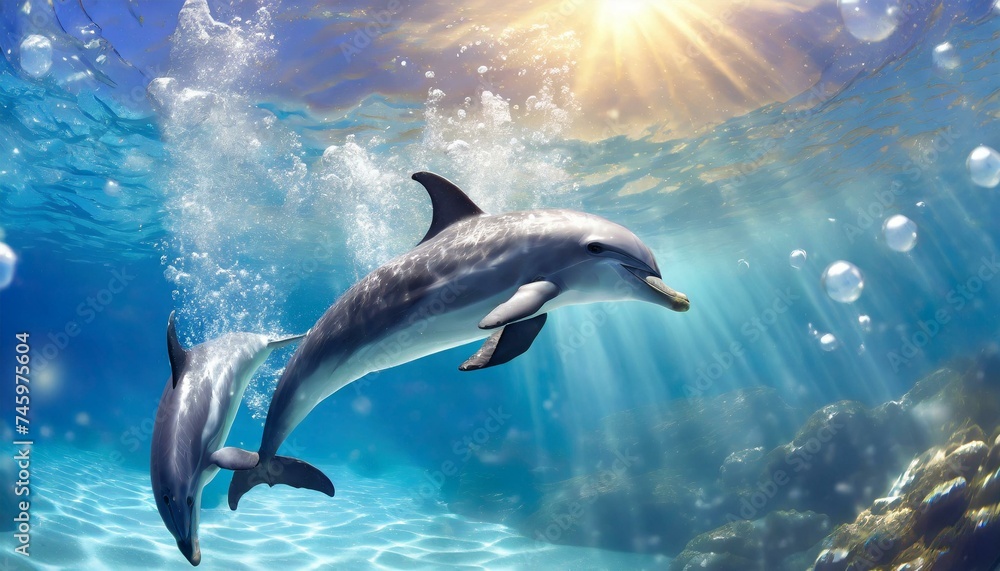 Fototapeta premium Two dolphins swimming underwater among underwater vegetation and bubbles with sun rays breaking through