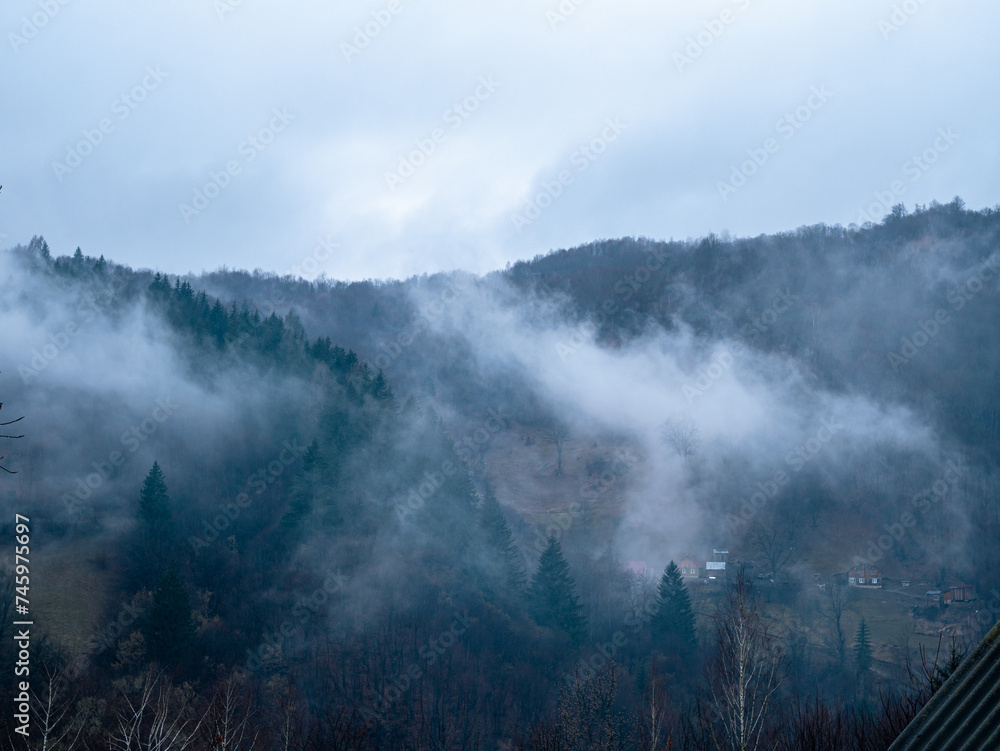 Misty Carpathian Mountains fog clouds landscape. Foggy atmospheric morning green fir trees Scenic forest rainy day. Calm tranquil Carpathians summit wood, Ukraine Europe travel. Eco Tourism Recreation