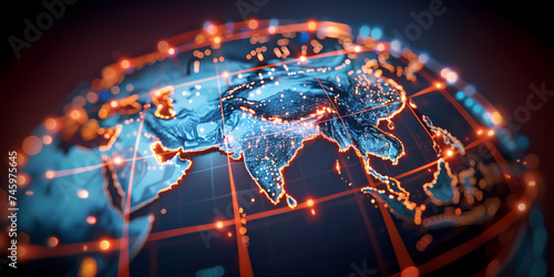 Digital world globe centered on Asia and Middle East, concept of global network and connectivity on Earth, data transfer and cyber technology, information exchange and international telecommunication