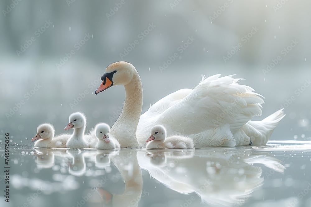 Obraz premium Graceful swans glide serenely across a tranquil blue lake, their beauty mirrored in the calm waters, capturing the essence of peaceful harmony in nature. Generative AI.