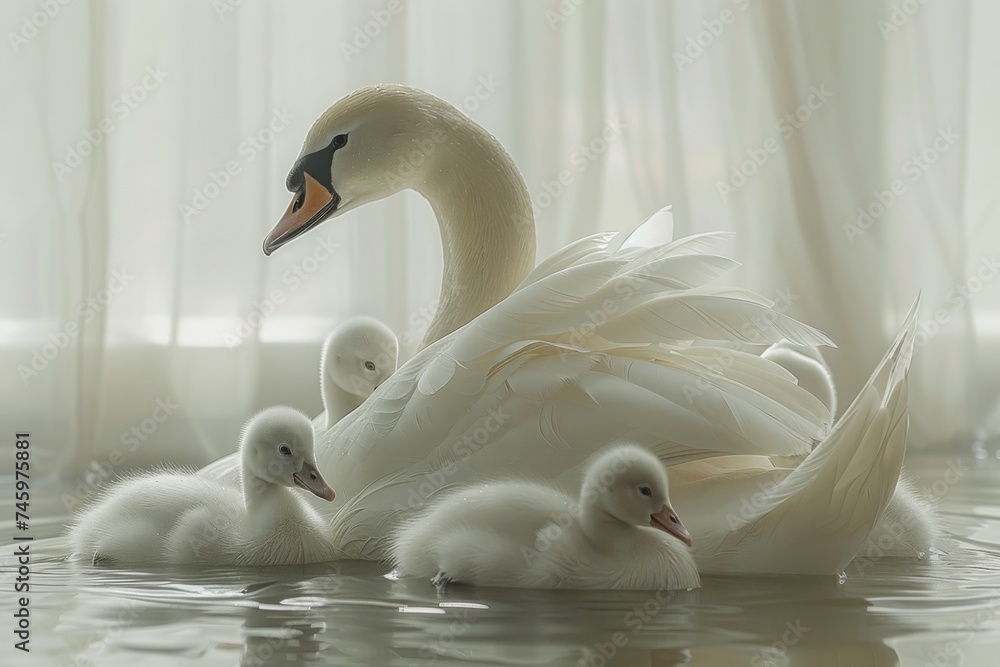 Obraz premium Graceful swans glide serenely across a tranquil blue lake, their beauty mirrored in the calm waters, capturing the essence of peaceful harmony in nature. Generative AI.