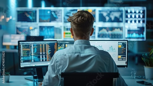Web analyst conducts web page audit, he looks at monitor. several graphics are displayed on monitor. In the background workroom with whiteboard with diagram. Generative AI.