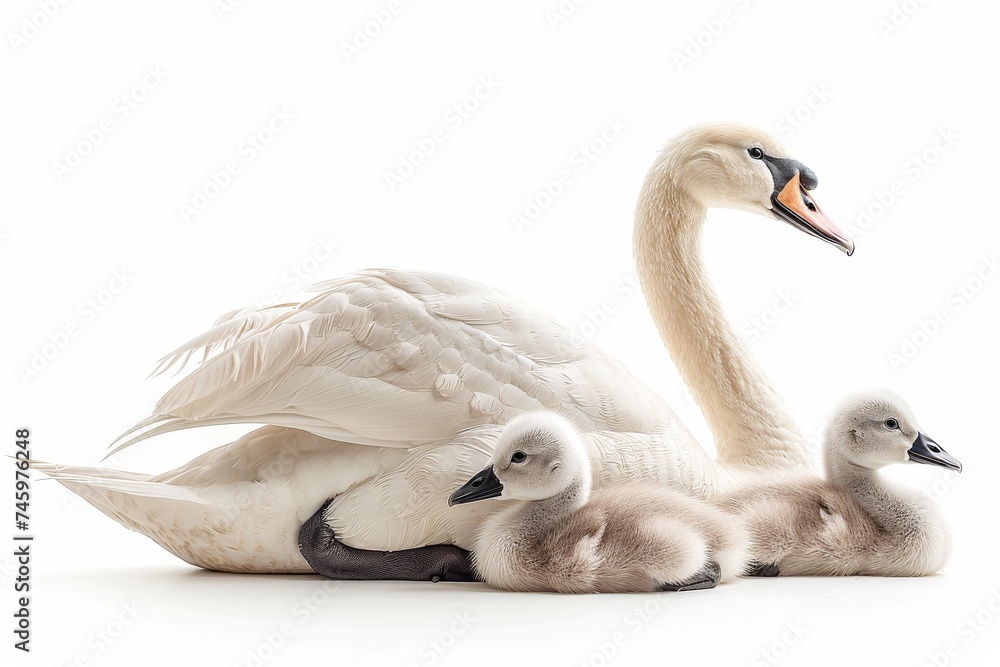 Obraz premium Graceful swans glide serenely across a tranquil blue lake, their beauty mirrored in the calm waters, capturing the essence of peaceful harmony in nature. Generative AI.