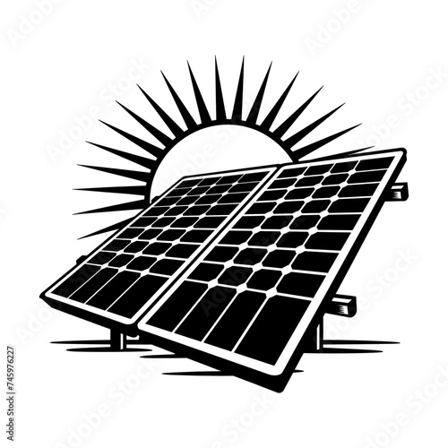 Solar panel and sun, eco friendly, renewable energy, vector illustration.