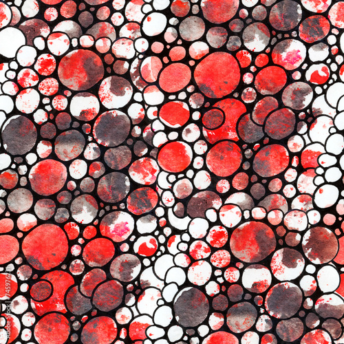 Seamless pattern with bright watercolor circles on a dark background.