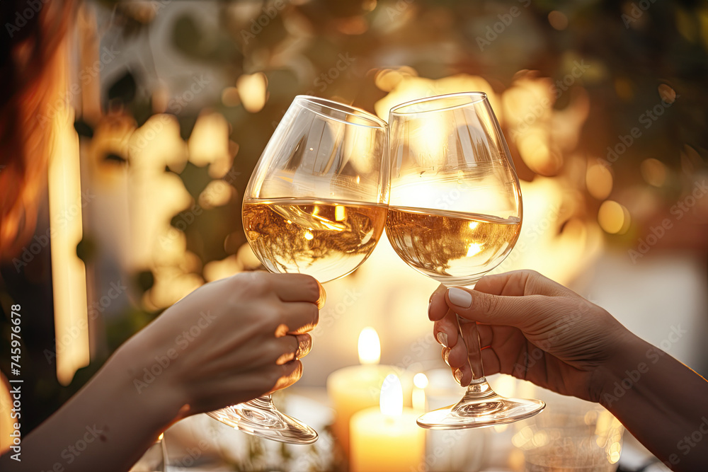 Couple clinking glasses with white wine at romantic dinner, closeup