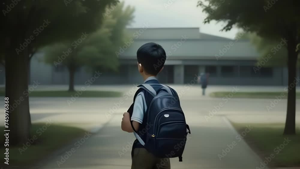 A boy with a school backpack goes to school A boy with a school backpack goes to school