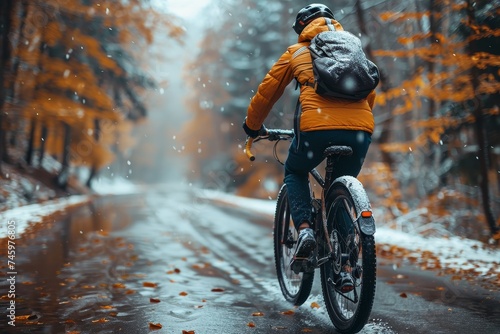 An adventurous cyclist rides through a stunning autumnal forest, embodying freedom and exploration during the fall season © Pinklife