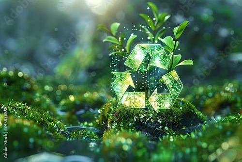 Ethereal Illumination A Glowing Green Recycle Symbol Nestled Amidst Lush Foliage, Symbolizing the Harmony of Sustainability and Nature”